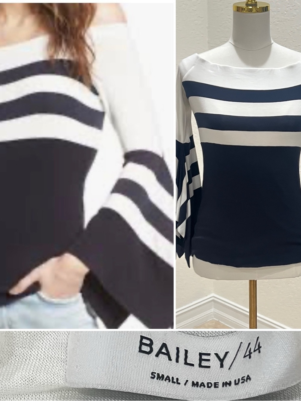 Bailey 44 Navy and White Shoulder Bell-Sleeve Sweater